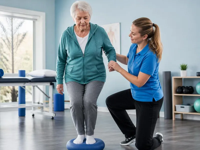 Physiotherapist supporting an older patient during balance training at PainFix Physiotherapy Clinic in Multan
