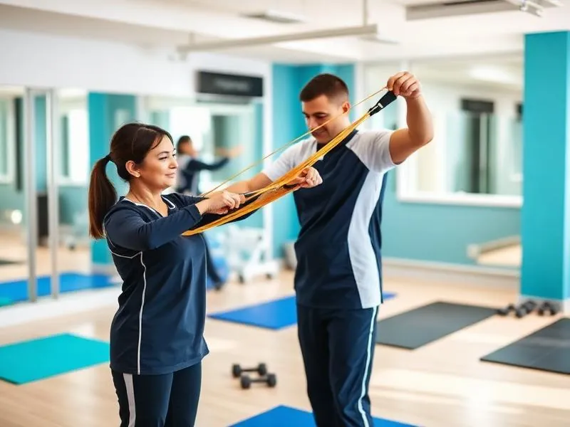 Physiotherapist guiding a patient through resistance-band exercise therapy at PainFix Physiotherapy Clinic in Multan