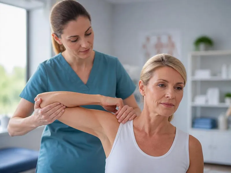 Physiotherapist mobilising a patient's shoulder joint during frozen shoulder treatment at PainFix Physiotherapy Clinic in Multan