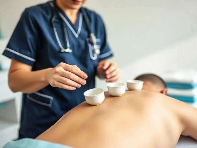Therapist performing Hijama cupping therapy along a patient's back at PainFix Physiotherapy Clinic in Multan