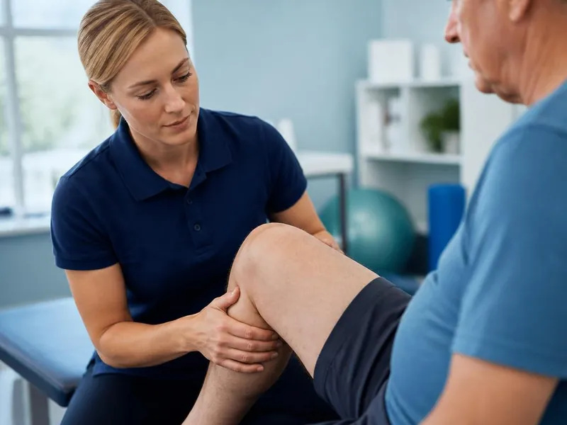 Physiotherapist assessing an older patient's knee during osteoarthritis treatment at PainFix Physiotherapy Clinic in Multan