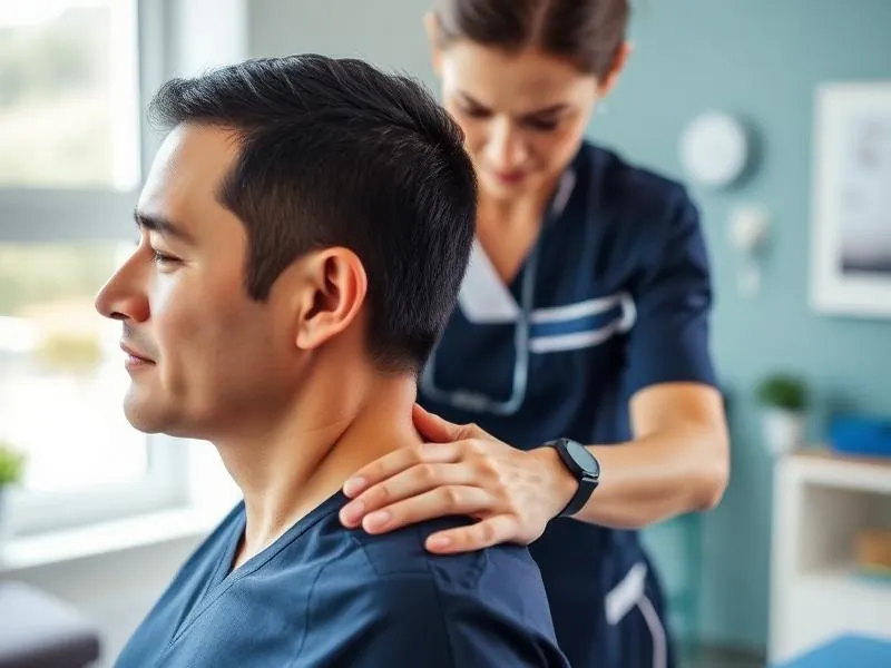 Physiotherapist performing soft-tissue therapy to relieve a patient's neck and shoulder pain at PainFix Physiotherapy Clinic in Multan