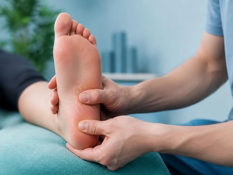 Physiotherapist massaging the sole of a patient's foot during plantar fasciitis treatment at PainFix Physiotherapy Clinic in Multan
