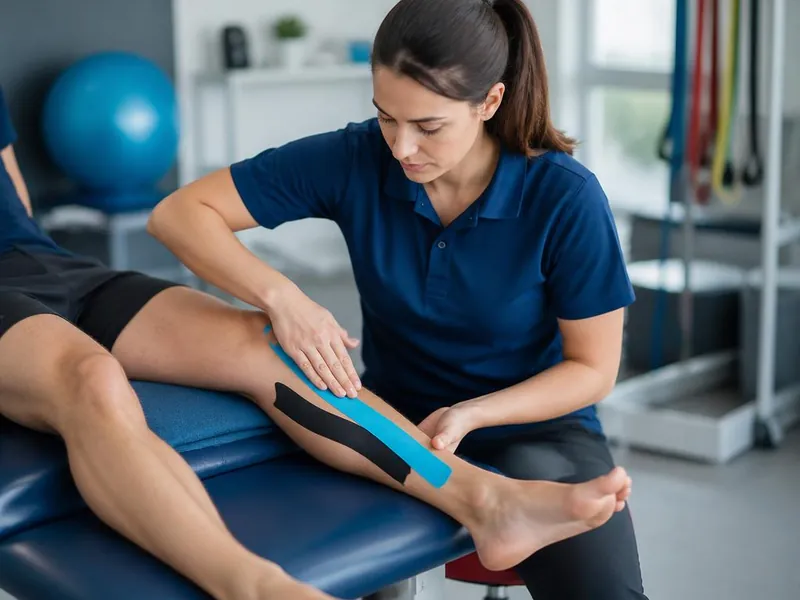 Physiotherapist taping an athlete's leg during sports injury rehabilitation at PainFix Physiotherapy Clinic in Multan