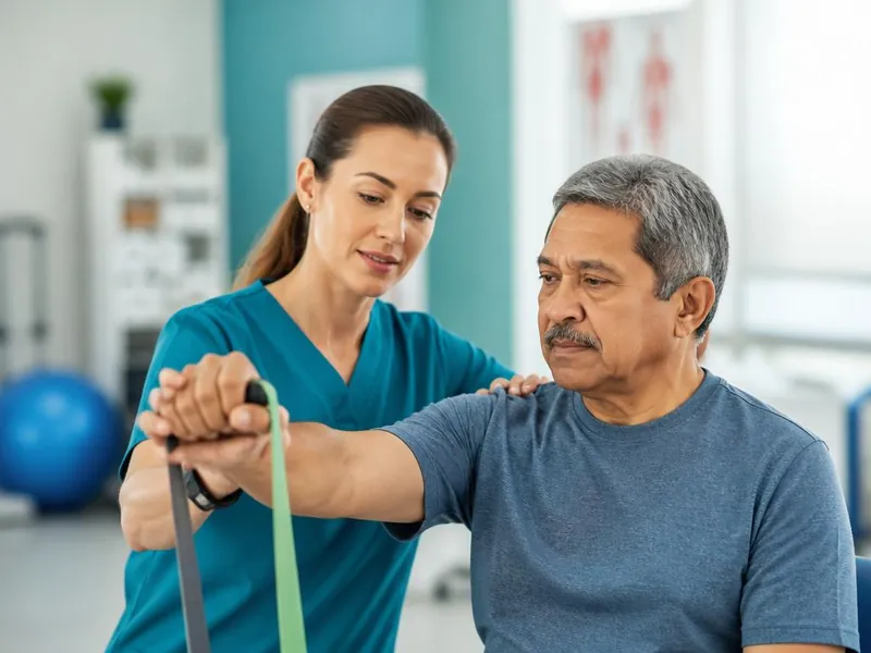 Physiotherapist guiding a patient through hand and arm exercises during stroke rehabilitation at PainFix Physiotherapy Clinic in Multan